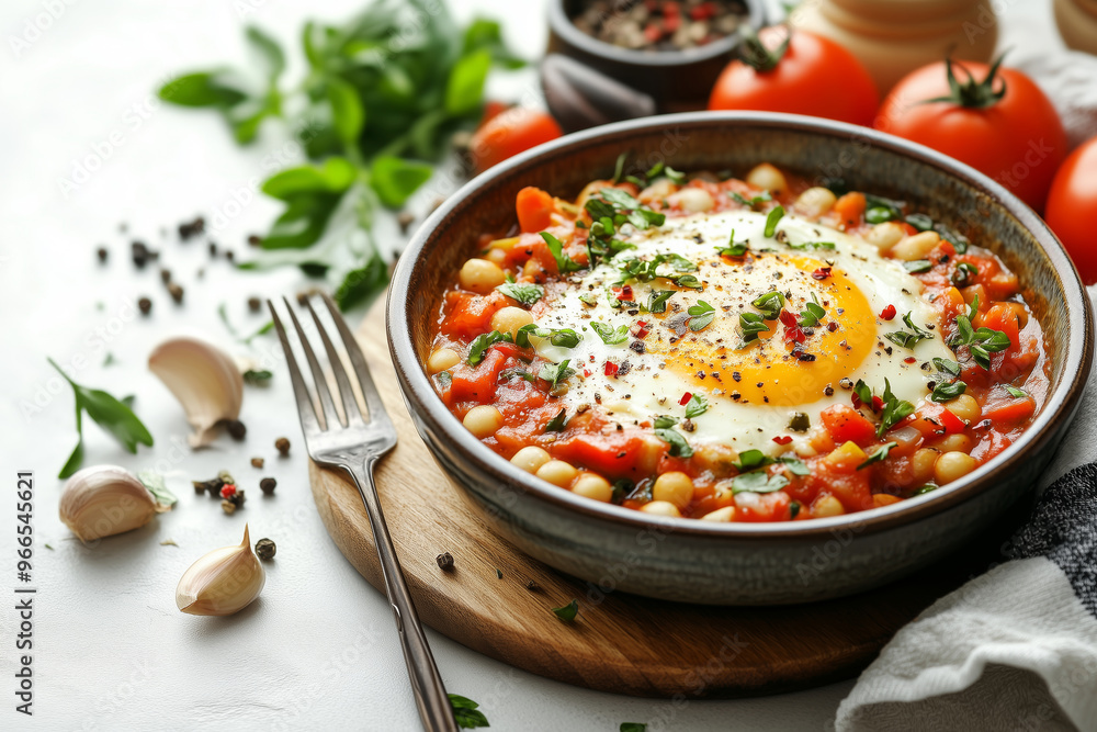 Delicious shakshuka served in a rustic bowl with a fork on a wooden board surrounded by fresh ingredients at a cozy kitchen setting Delicious shakshuka served in a rustic bowl with a fork on a wooden board surrounded by fresh ingredients at a cozy kitchen setting