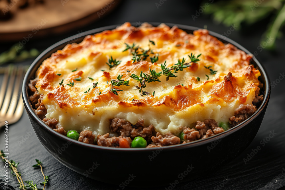 Delicious shepherd's pie served in a modern ceramic bowl, garnished with fresh herbs on a rustic wooden table Delicious shepherd's pie served in a modern ceramic bowl, garnished with fresh herbs on a rustic wooden table