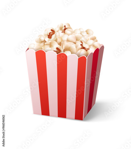 Paper cup full of popcorn isolated on white background. Fast food pop corn snack for movie films watching in the cinema theater. Vector illustration.