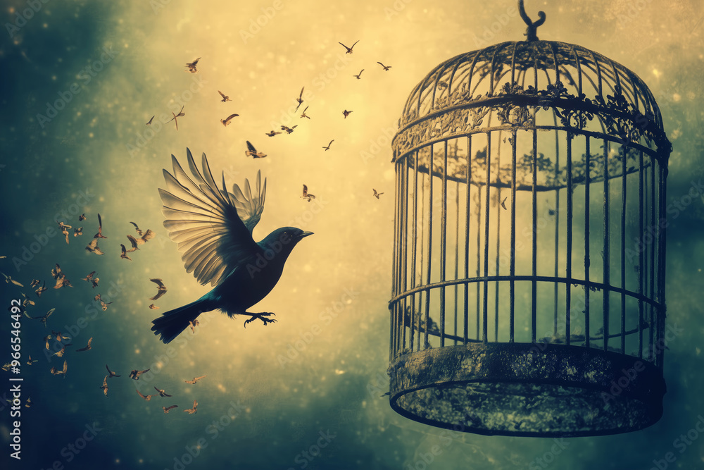 Fototapeta premium A delicate bird escapes its cage, embracing freedom amidst a colorful twilight sky filled with dreams and hope