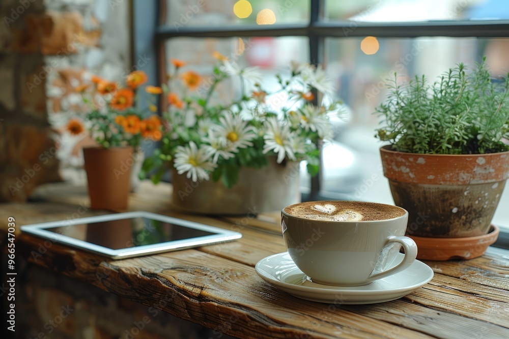 A cup of cappuccino with latte art on a wooden table with a tablet and plants in front of a window. A cup of cappuccino with latte art on a wooden table with a tablet and plants in front of a window.