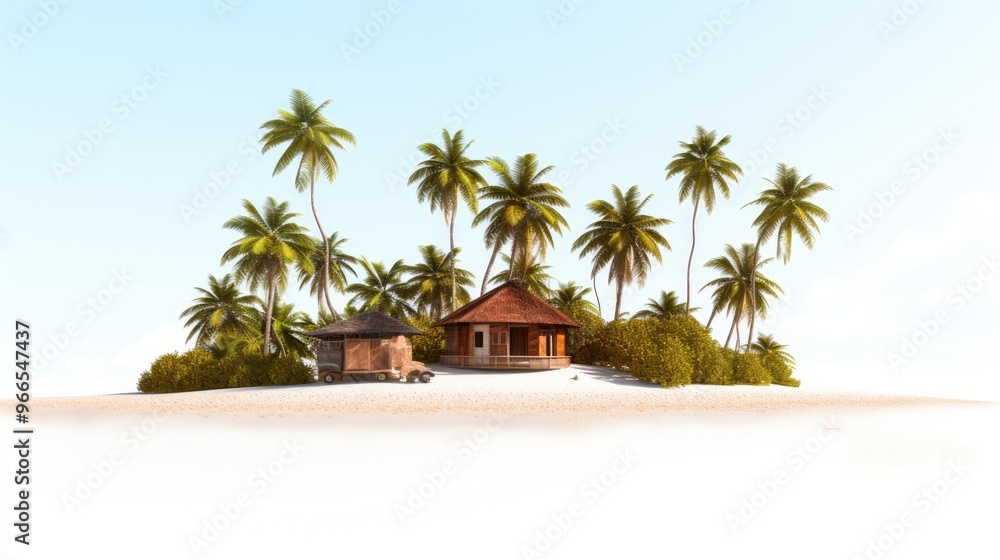 A tropical island paradise with two wooden huts nestled amongst lush palm trees. A tropical island paradise with two wooden huts nestled amongst lush palm trees.