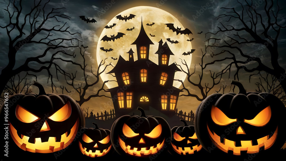 Fototapeta premium Classic Halloween Scene with Glowing Jack-O'-Lanterns, a Spooky Haunted House, and a Full Moon Illuminating Flying Bats