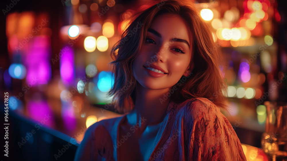 Young Woman In Neon-Lit Bar With Warm Smile And Vibrant Colors Young Woman In Neon-Lit Bar With Warm Smile And Vibrant Colors