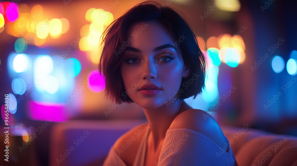 Fototapeta premium Chic Woman in Neon Lounge with Soft Lighting and Urban Vibes