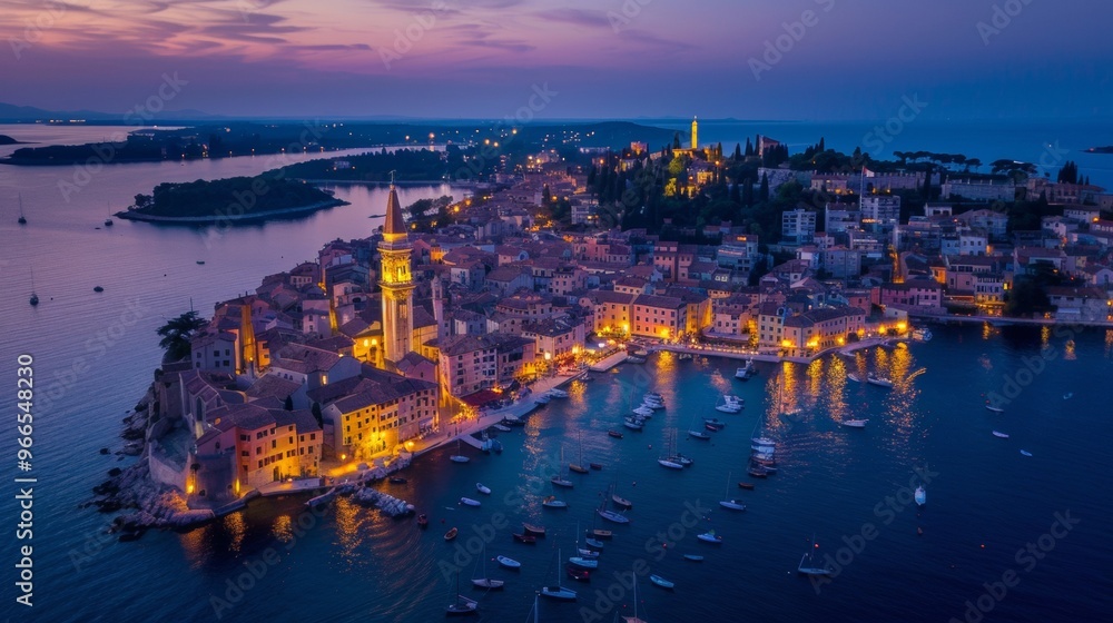 Fototapeta premium aerial view of a beautiful coastal town with a church tower on a sunset night