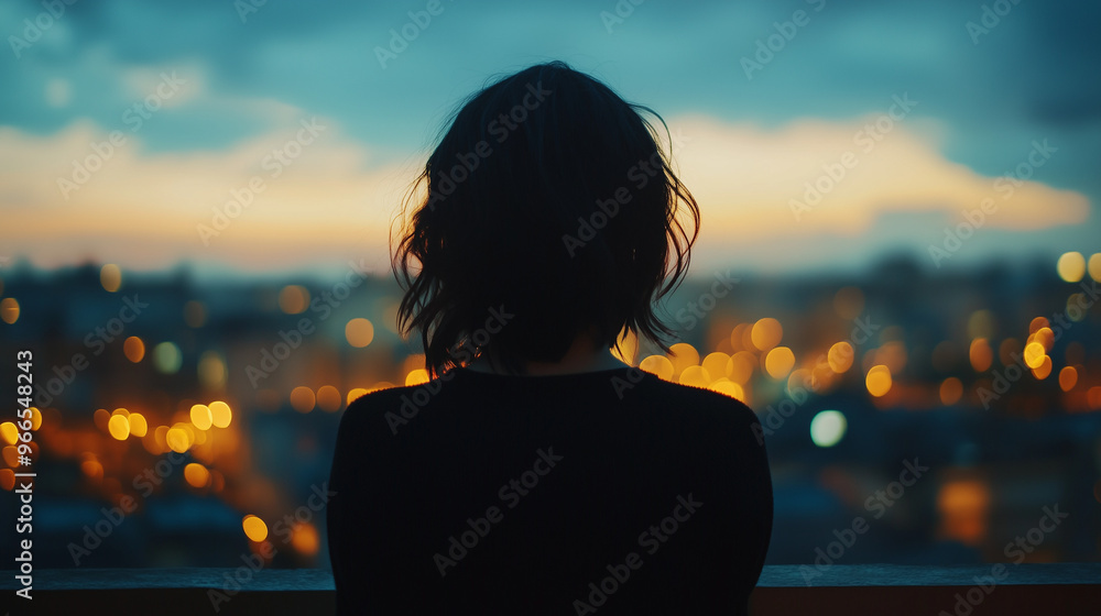 Fototapeta premium Backlit Woman Facing Distant City Lights During Evening From Rooftop