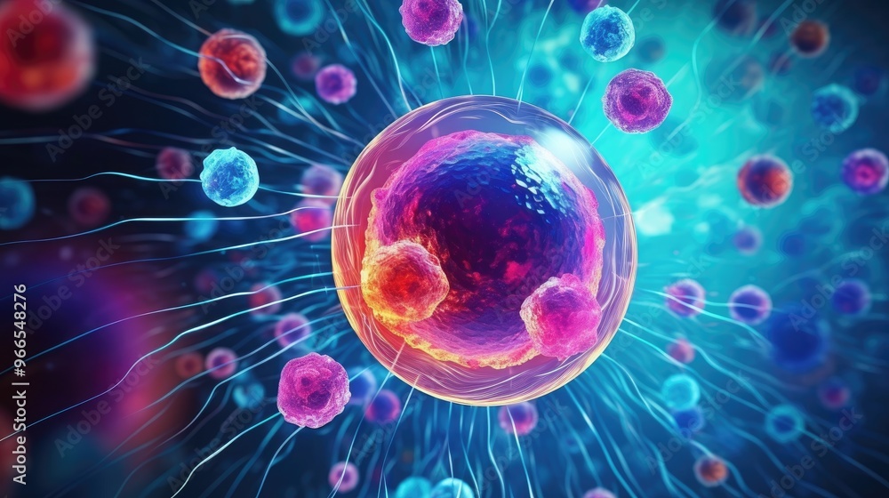 Obraz premium A vibrant and colorful abstract image of cells connected by glowing lines, evoking a sense of interconnectedness and the beauty of the microscopic wor