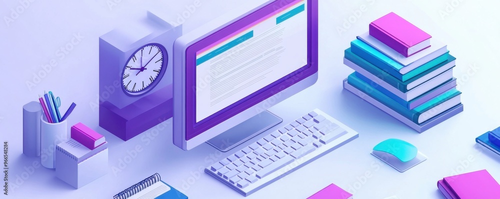 3D isometric icon of online exam concept with desktop computer, keyboard, clock, and stacks of books on a desk 3D isometric icon of online exam concept with desktop computer, keyboard, clock, and stacks of books on a desk