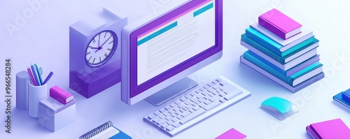 Wallpaper Mural 3D isometric icon of online exam concept with desktop computer, keyboard, clock, and stacks of books on a desk Torontodigital.ca
