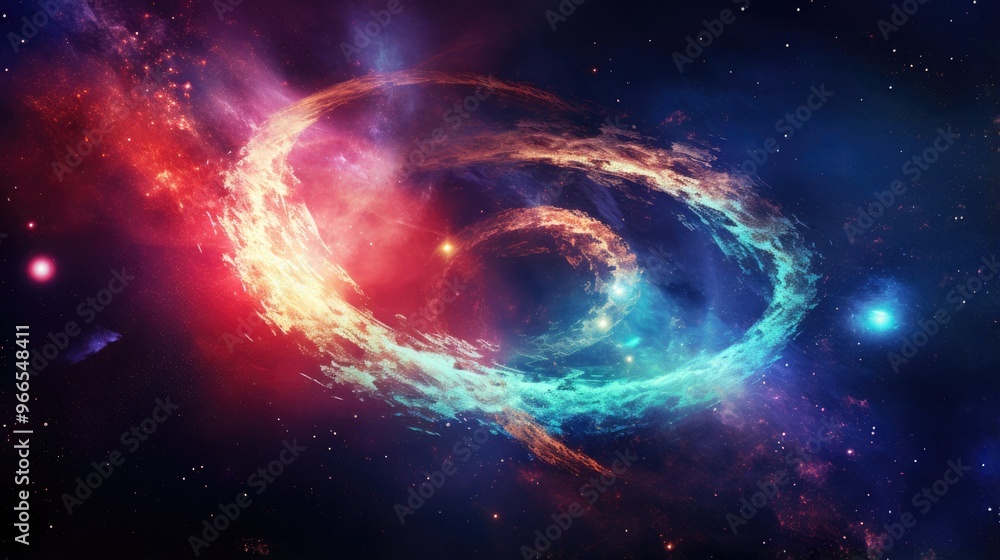 Obraz premium A vibrant and colorful nebula swirls in the vast expanse of space, with a mix of red, blue, and green hues.
