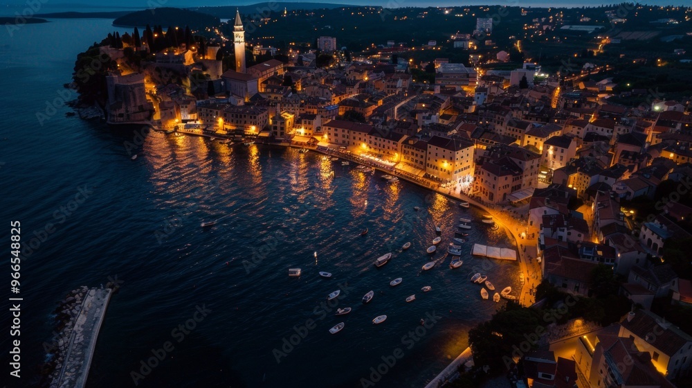 aerial view of a beautiful coastal town with a church tower on a sunset night aerial view of a beautiful coastal town with a church tower on a sunset night
