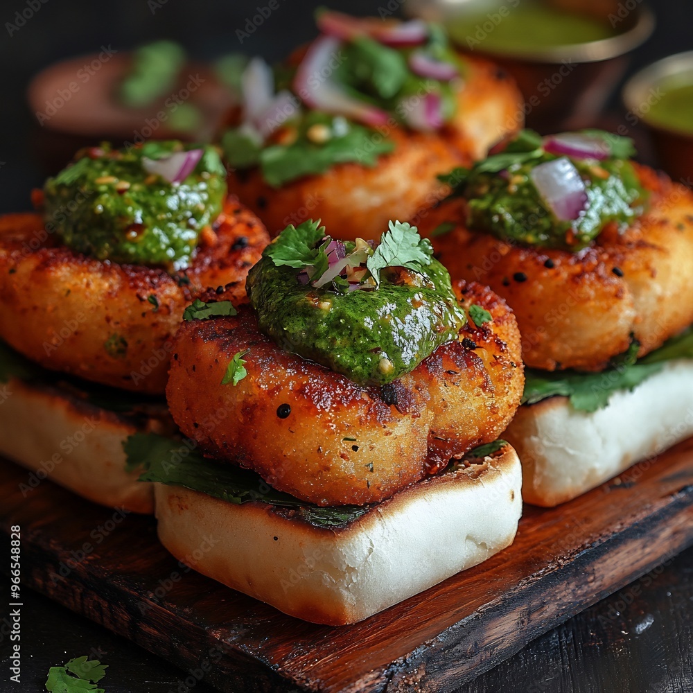 Hot crispy vada pav with spicy green chutney served on a street food cart with rustic textures Hot crispy vada pav with spicy green chutney served on a street food cart with rustic textures