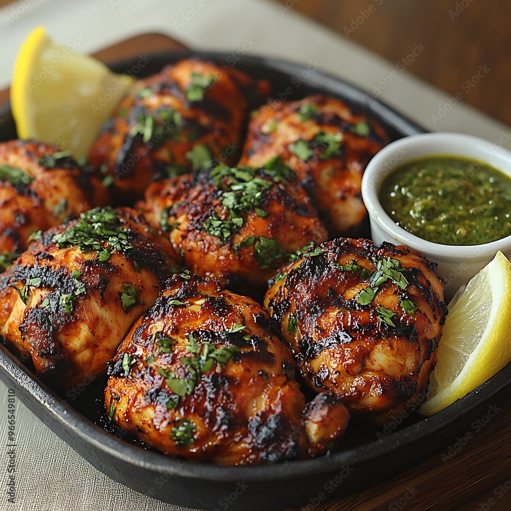 Hot tandoori chicken sizzling a platter garnished with lemon wedges and mint chutney ready to be served Hot tandoori chicken sizzling a platter garnished with lemon wedges and mint chutney ready to be served