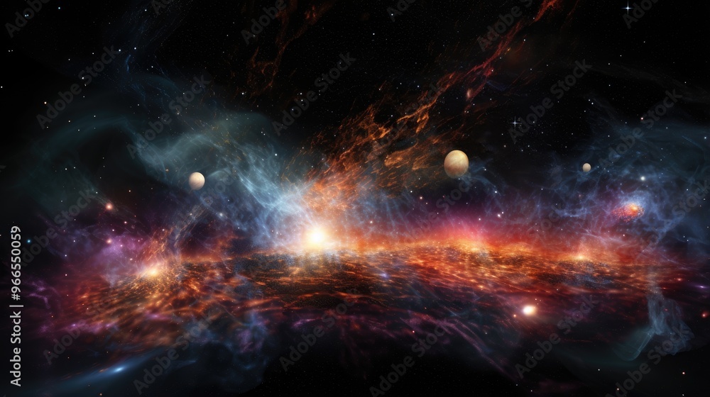 Obraz premium A vibrant nebula bursts with color and light, illuminating the vast expanse of space.