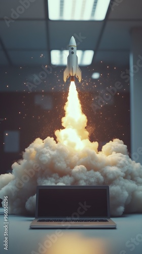 Office table with a laptop showing a rocket launch simulation