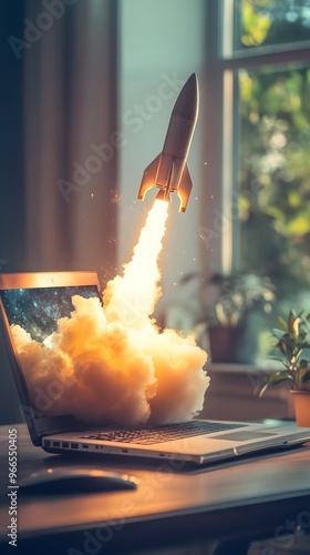 Office workspace with laptop showing rocket launching animation from desk