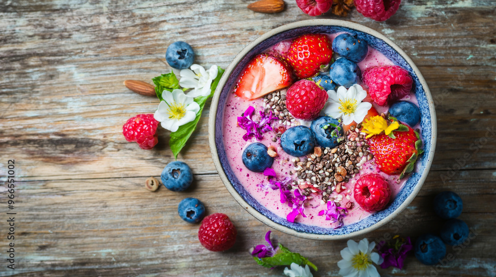 a top-down view of a colorful smoothie bowl made with plant-based protein powder, topped with fresh fruits, nuts, seeds, and edible flowers a top-down view of a colorful smoothie bowl made with plant-based protein powder, topped with fresh fruits, nuts, seeds, and edible flowers