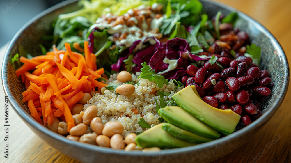 a vibrant, colorful salad bowl filled with leafy greens, beans, quinoa, avocado, nuts, and a drizzle of dressing, showcasing a rich source of plant-based protein a vibrant, colorful salad bowl filled with leafy greens, beans, quinoa, avocado, nuts, and a drizzle of dressing, showcasing a rich source of plant-based protein