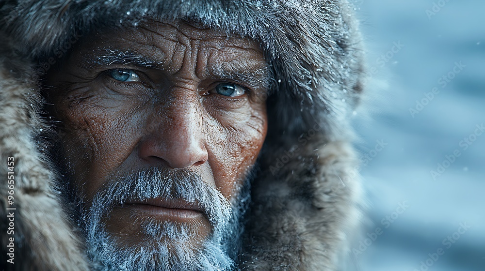 Close-up portrait of a man with a weathered face and icy beard, wearing a fur-lined hood against a snowy backdrop.