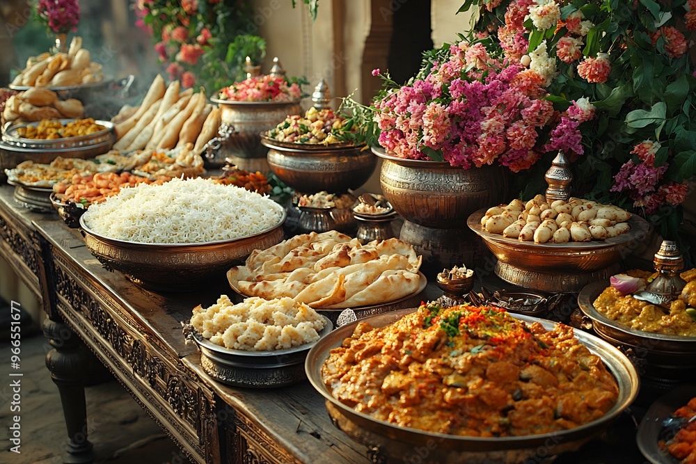 Indian wedding feast luxurious dishes including biryani curries naan and rich desserts like kheer Indian wedding feast luxurious dishes including biryani curries naan and rich desserts like kheer