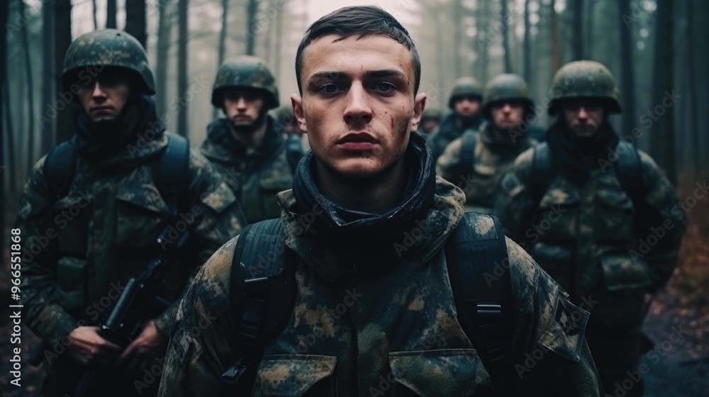 Fototapeta premium A young soldier stands in a forest, his face grim and determined. He is surrounded by his comrades, all clad in camouflage gear.