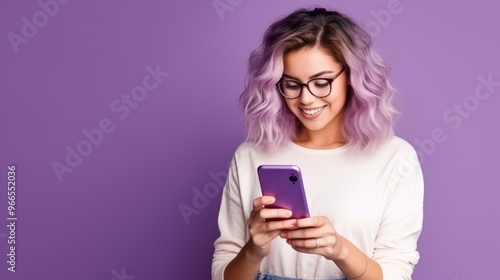 A young woman with purple hair smiles as she looks down at her phone. She is wearing a white shirt and is standing against a purple background. photo