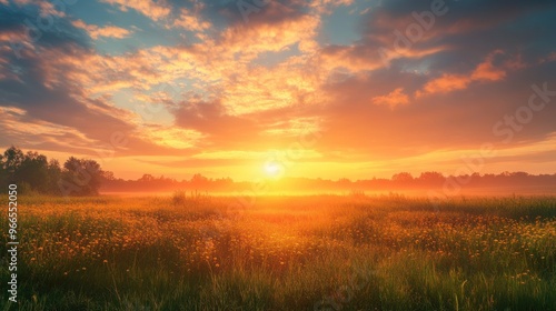 Golden Sunrise Over a Misty Meadow