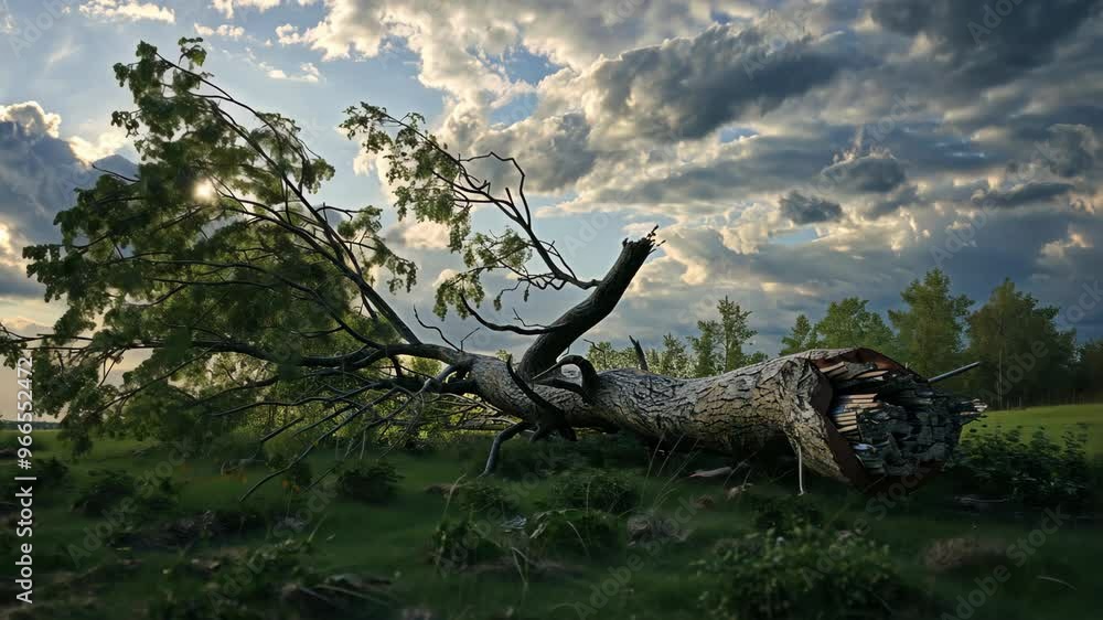 A fallen tree rests on the ground surrounded by lush greenery and dramatic clouds at sunset in a serene countryside landscape A fallen tree rests on the ground surrounded by lush greenery and dramatic clouds at sunset in a serene countryside landscape