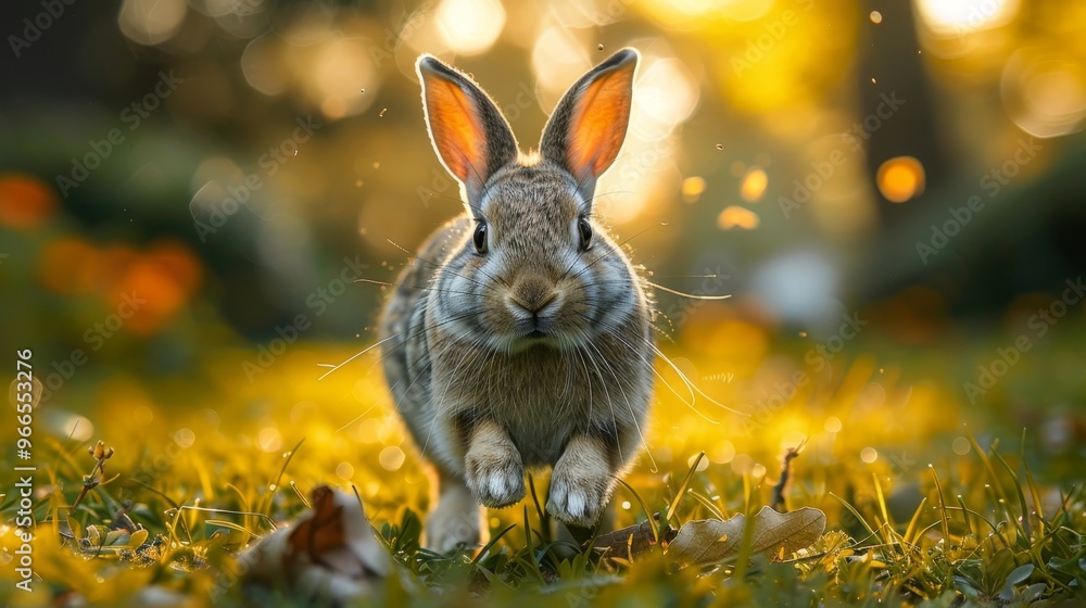 Adorable Wild Rabbit Running Through a Golden Sunset Field with Out-of-Focus Background Adorable Wild Rabbit Running Through a Golden Sunset Field with Out-of-Focus Background