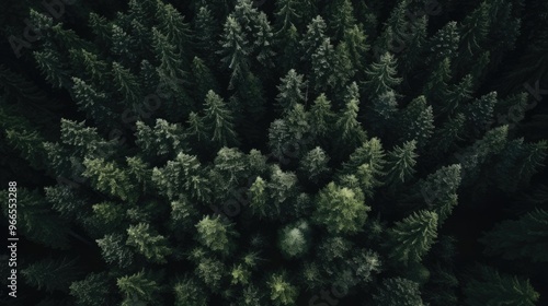 An aerial view of a dense forest, showcasing the intricate canopy of evergreen trees.