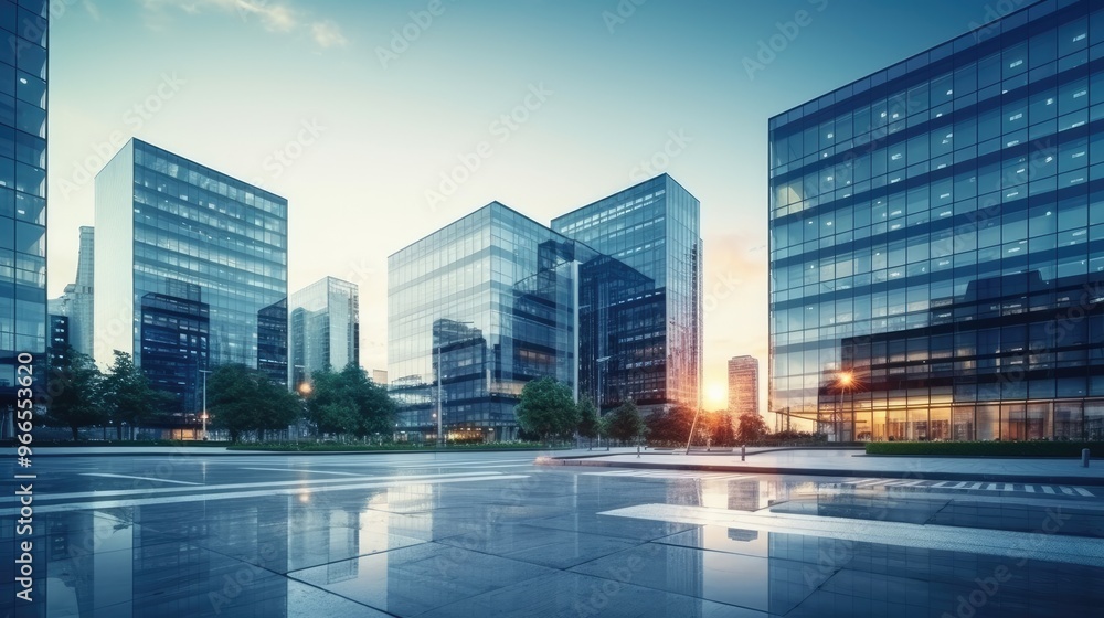 Fototapeta premium Modern glass buildings reflect the sunset in a city street.