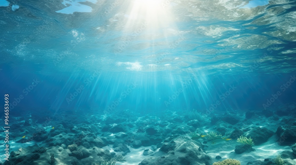 Sunlight streams through the crystal-clear water, illuminating the rocky seabed and casting long shadows. Sunlight streams through the crystal-clear water, illuminating the rocky seabed and casting long shadows.