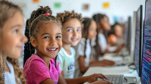 A group of children are sitting in front of computer monitors, smiling and looking happy. They are all wearing pink shirts and are using keyboards to type