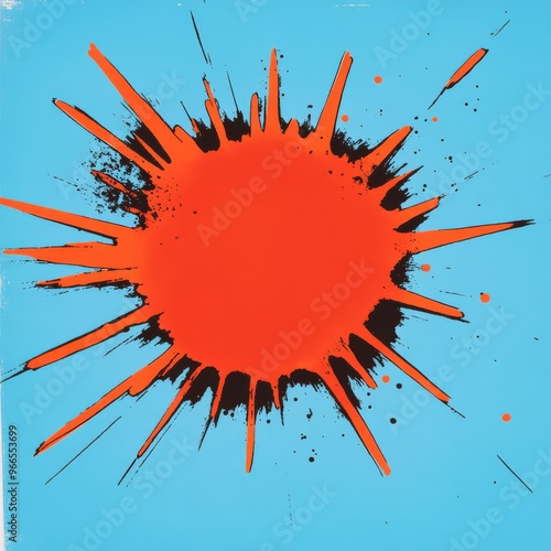 Red and orange explosion shape with jagged edges surrounded by radiating lines and small dots set on a bright blue background Pop art comic style dynamic and energetic high contrast vibrant and eyecat photo