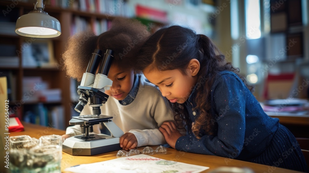 Two young girls are looking at a microscope with intense curiosity. Two young girls are looking at a microscope with intense curiosity.