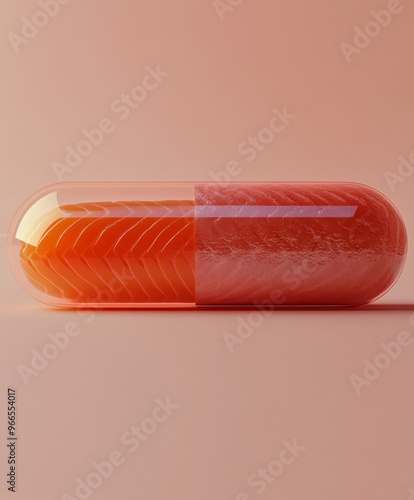 Highquality photography of a capsule with equalsized top and bottom halves the top half of the capsule is solid salmonpink matching the salmon inside and the bottom half is transparent revealing a ric photo