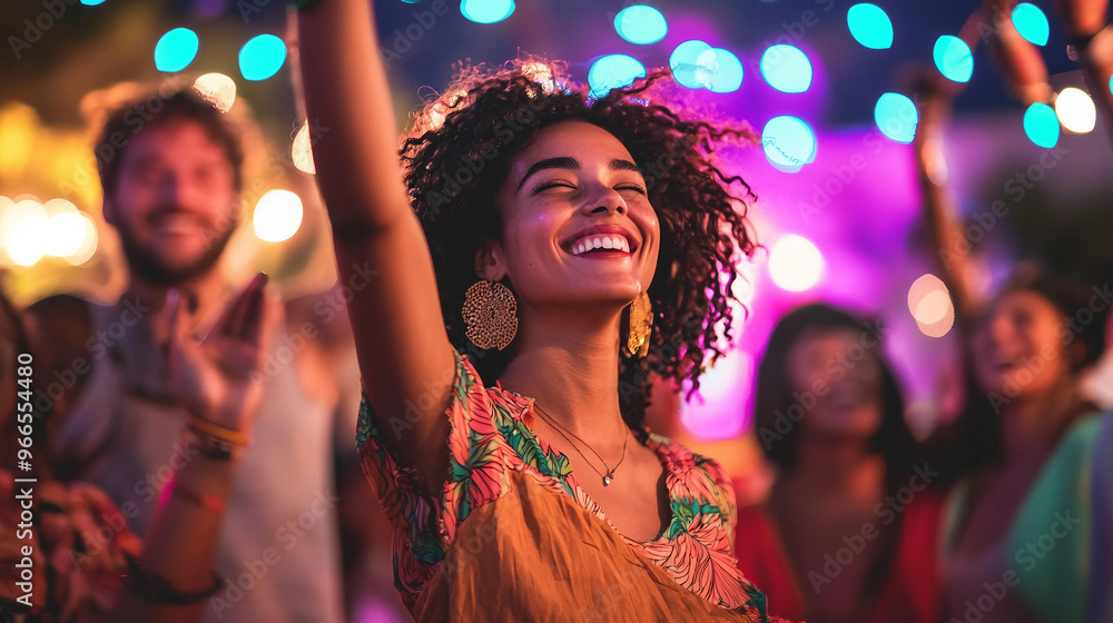 A woman is smiling and dancing at a party. She is wearing a yellow dress and a gold necklace A woman is smiling and dancing at a party. She is wearing a yellow dress and a gold necklace