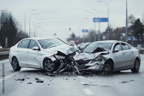 Collision on highway  white and silver cars crumpled after serious accident with visible damage photo