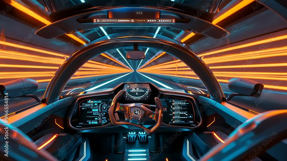 Experience futuristic driving in a vibrant, illuminated vehicle interior during a high-speed journey at night Experience futuristic driving in a vibrant, illuminated vehicle interior during a high-speed journey at night