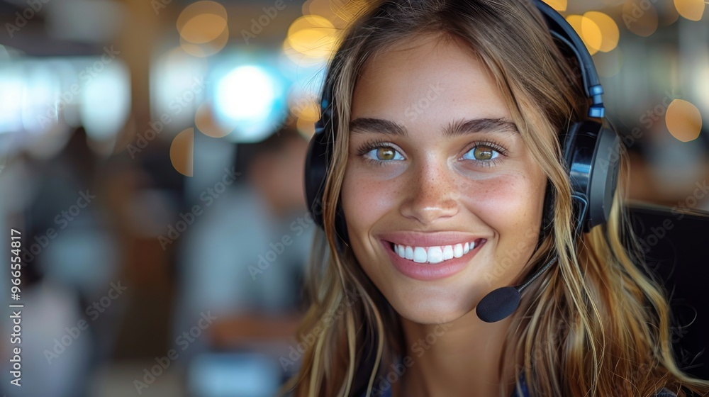 Smiling, Confident Woman Wearing Headset, Working Remotely or in a Call Center Environment. Smiling, Confident Woman Wearing Headset, Working Remotely or in a Call Center Environment.