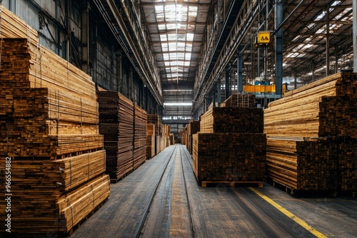 Wallpaper Mural Stacks of Wooden Planks in a Warehouse with Overhead Crane Torontodigital.ca