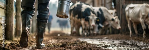 Farmer carrying a metal milk can while walking past grazing cows in a close-up view of a barn setting. photo