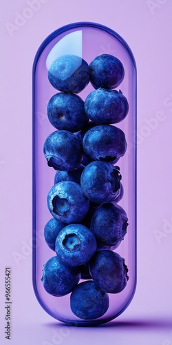 Highquality photography of a capsule with equalsized top and bottom halves the top half of the capsule is solid deepblue matching the blueberry inside and the bottom half is transparent revealing whol photo