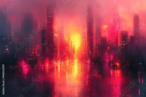 abstract cityscape blending neobrutalist architecture with geometric holograms cyberpunk aesthetic vibrant color accents