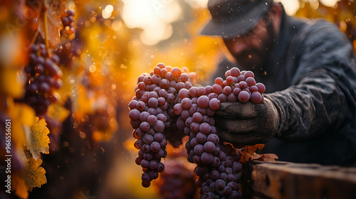 A farmer picking ripe grapes in a vineyard with autumn leaves gently falling from the trees.