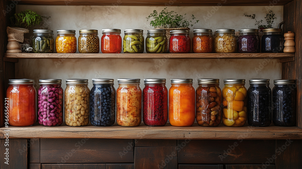A rustic farm kitchen with preserved jars of vegetables and fruits, including pickles and jams, on the shelves. A rustic farm kitchen with preserved jars of vegetables and fruits, including pickles and jams, on the shelves.