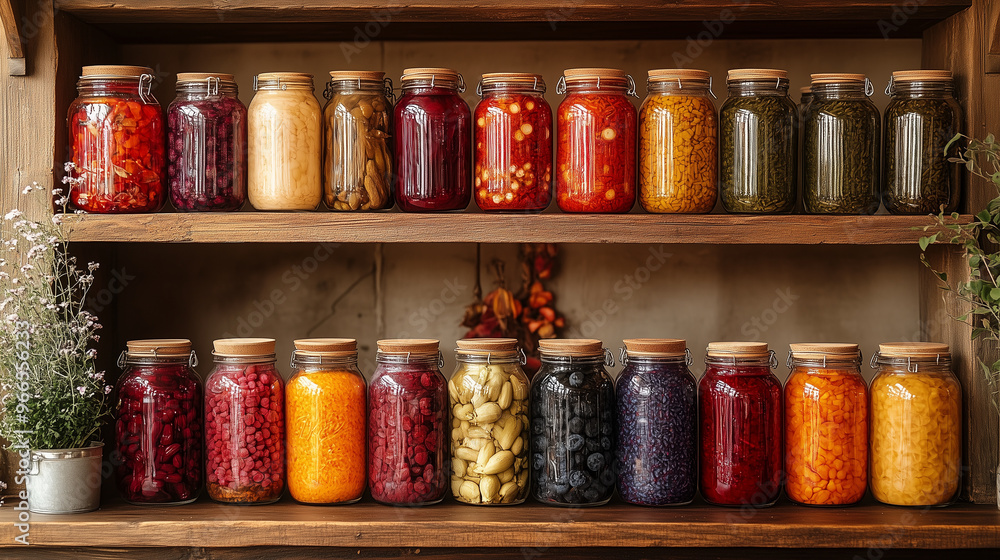 A rustic farm kitchen with preserved jars of vegetables and fruits, including pickles and jams, on the shelves. A rustic farm kitchen with preserved jars of vegetables and fruits, including pickles and jams, on the shelves.