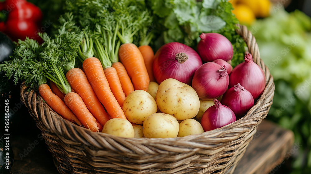 Fototapeta premium A basket filled with a variety of farm-fresh vegetables, including carrots, onions, and potatoes, on a farm table.