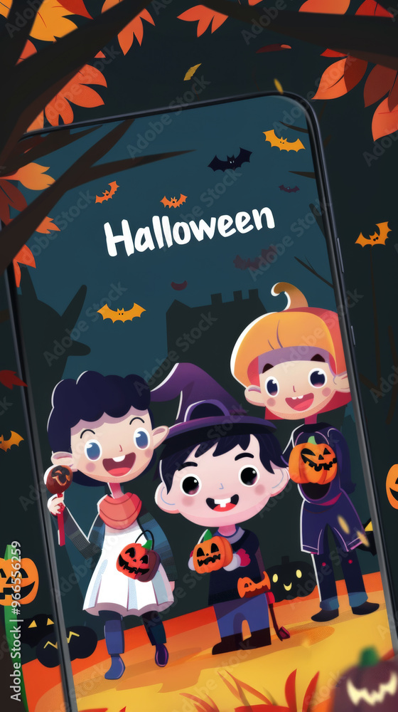 Cute Halloween-Themed Mobile Wallpaper with Trick-or-Treaters Cute Halloween-Themed Mobile Wallpaper with Trick-or-Treaters